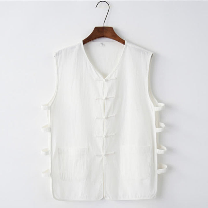 Buddha Stones Camiseta sin mangas para hombre estilo Tang de verano con botones de rana, abertura lateral y diseño calado, con bolsillos. - Blanco - US/UK/AU46, EU56 (5XL) - image 7