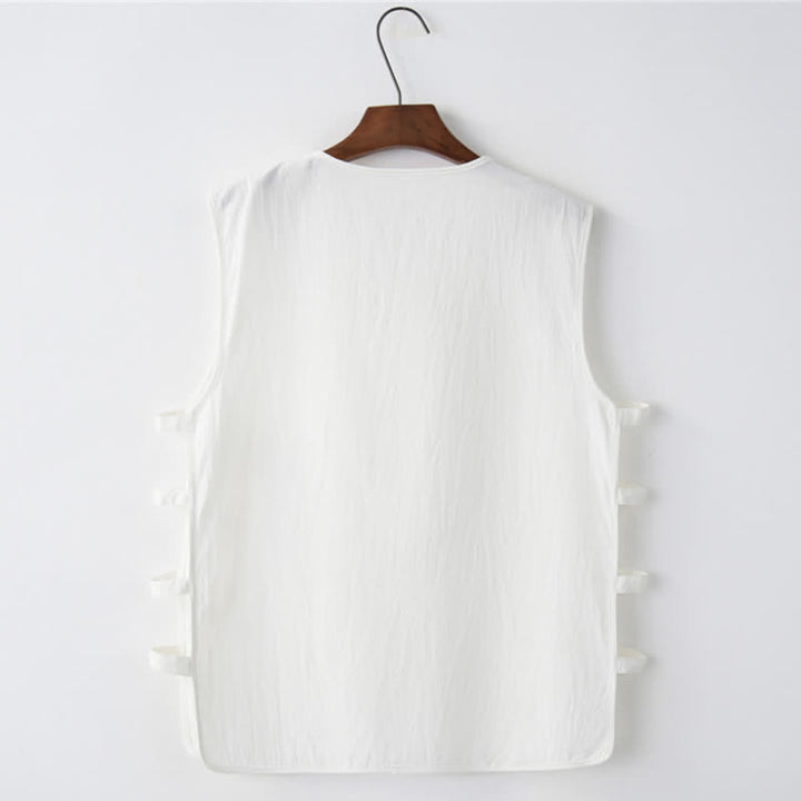 Buddha Stones Camiseta sin mangas para hombre estilo Tang de verano con botones de rana, abertura lateral y diseño calado, con bolsillos. - image 8