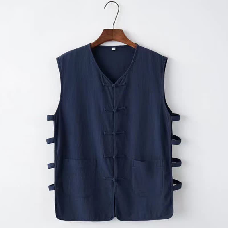 Buddha Stones Camiseta sin mangas para hombre estilo Tang de verano con botones de rana, abertura lateral y diseño calado, con bolsillos. - Marina de guerra - US/UK/AU46, EU56 (5XL) - image 0