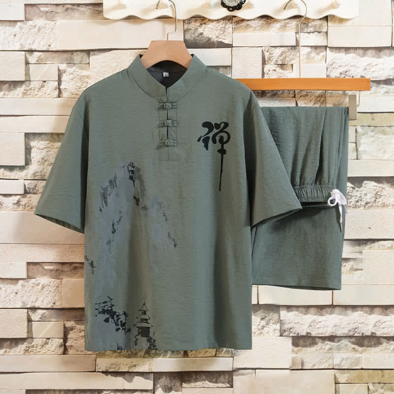 Buddha Stones Conjunto de verano de 2 piezas: camisa de manga corta con cuello mandarín, botones de rana y estampado de lavado a la tinta, pantalones bermudas, ropa de meditación para hombre con bolsillos. - Verde mar oscuro - US/UK/AU44, EU54 (4XL) - image 8