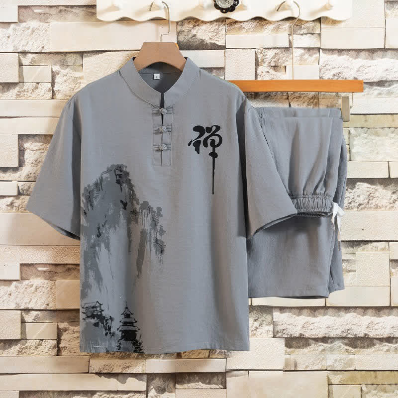 Buddha Stones Conjunto de verano de 2 piezas: camisa de manga corta con cuello mandarín, botones de rana y estampado de lavado a la tinta, pantalones bermudas, ropa de meditación para hombre con bolsillos. - Gris pizarra claro - US/UK/AU44, EU54 (4XL) - image 0