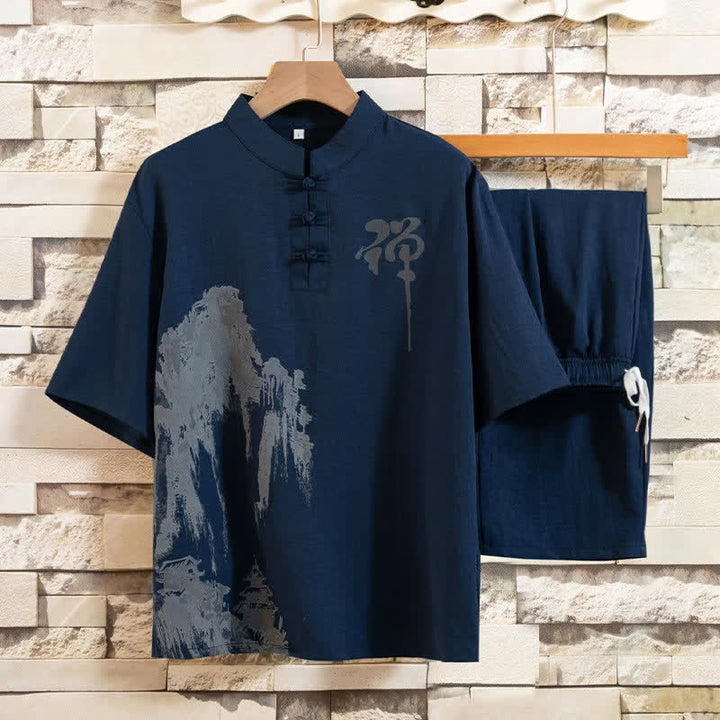 Buddha Stones Conjunto de verano de 2 piezas: camisa de manga corta con cuello mandarín, botones de rana y estampado de lavado a la tinta, pantalones bermudas, ropa de meditación para hombre con bolsillos. - Marina de guerra - US/UK/AU44, EU54 (4XL) - image 10