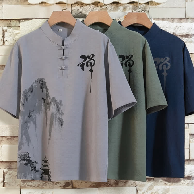 Buddha Stones Conjunto de verano de 2 piezas: camisa de manga corta con cuello mandarín, botones de rana y estampado de lavado a la tinta, pantalones bermudas, ropa de meditación para hombre con bolsillos. - image 12