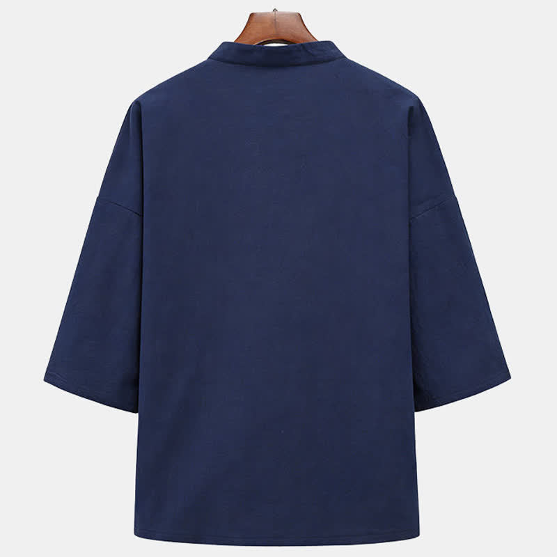 Buddha Stones Camisas de manga corta para hombre con bolsillos, cuello mandarín, bordado de caballo, botones de rana, color liso, estilo Summer Tang. - image 1