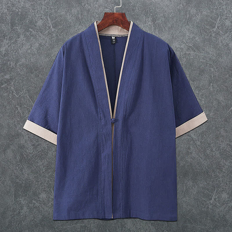 Buddha Stones Kimono de manga corta para hombre, minimalista, con cuello en V y botones de rana, ideal para el verano. - Azul acero - US/UK/AU46, EU56 (5XL) - image 0