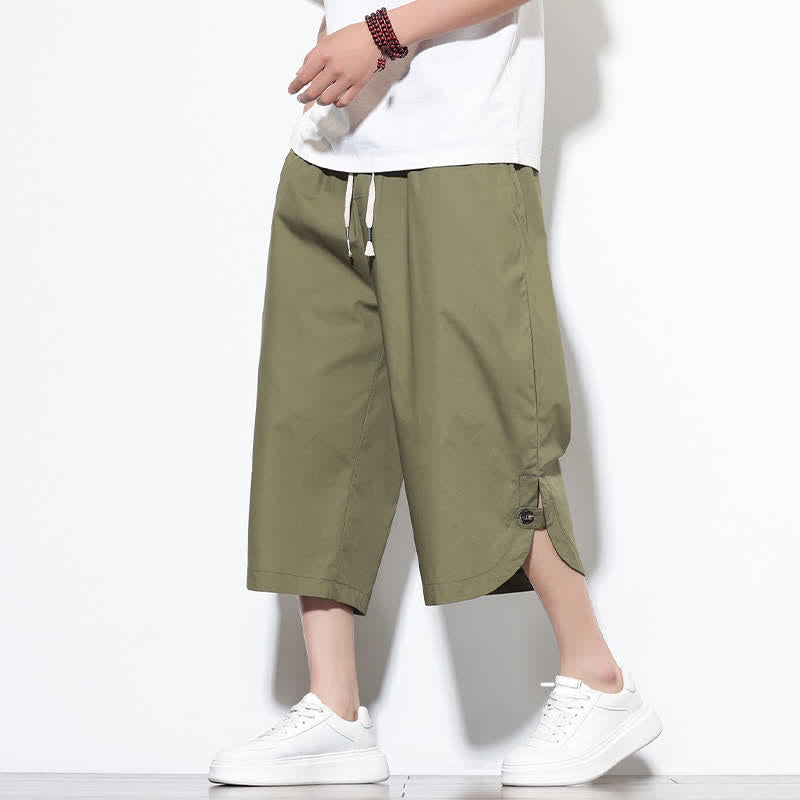 Buddha Stones Pantalones harem de algodón liso para hombre, estilo casual de verano, con cordón ajustable, aberturas laterales y bolsillos. - Verde oliva - US/UK/AU46, EU56 (5XL) - image 0