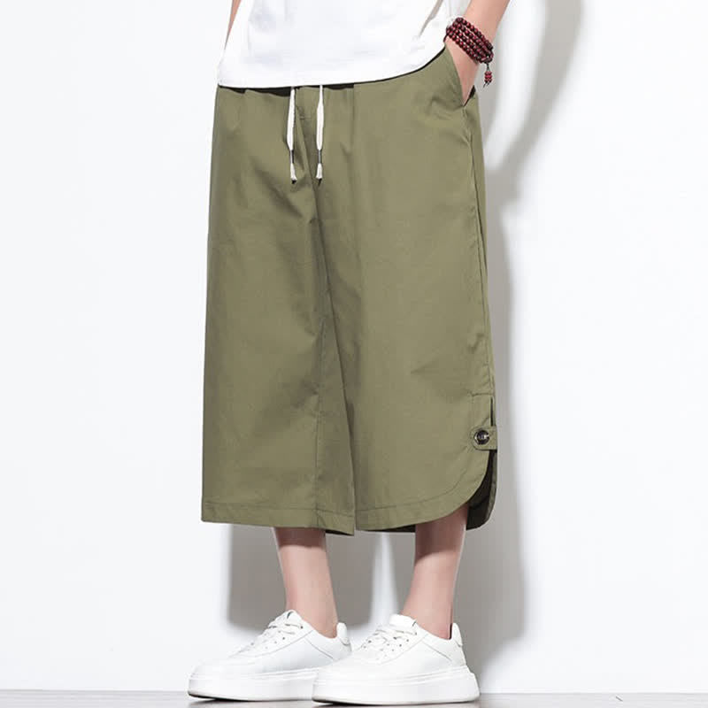 Buddha Stones Pantalones harem de algodón liso para hombre, estilo casual de verano, con cordón ajustable, aberturas laterales y bolsillos. - image 1