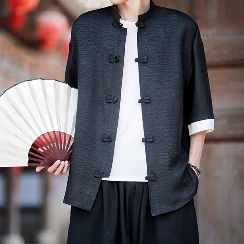 Buddha Stones Camisas de manga hasta el codo para hombre, estilo Summer Tang, con cuello mandarín y botones de rana. - image 14