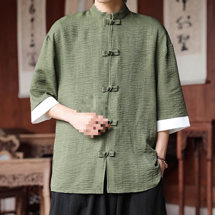 Buddha Stones Camisas de manga hasta el codo para hombre, estilo Summer Tang, con cuello mandarín y botones de rana. - image 2
