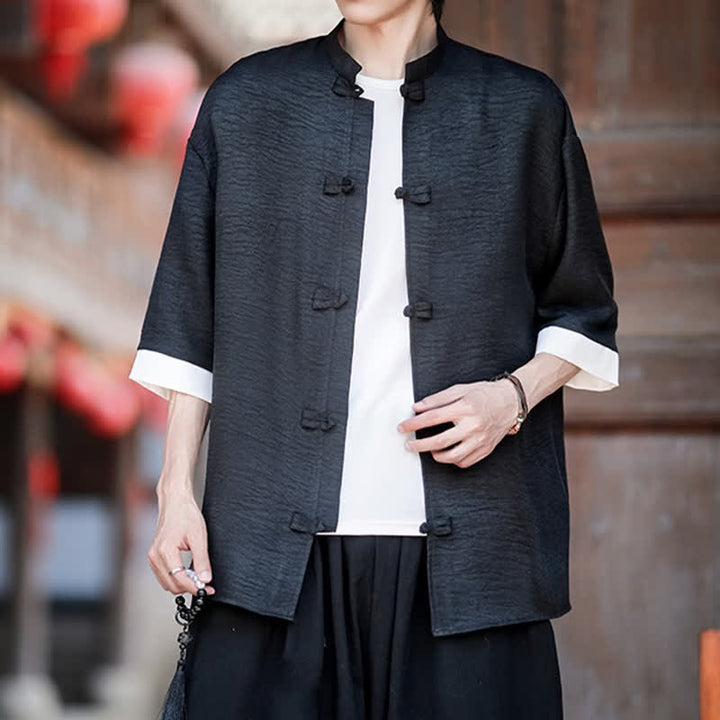 Buddha Stones Camisas de manga hasta el codo para hombre, estilo Summer Tang, con cuello mandarín y botones de rana. - image 12