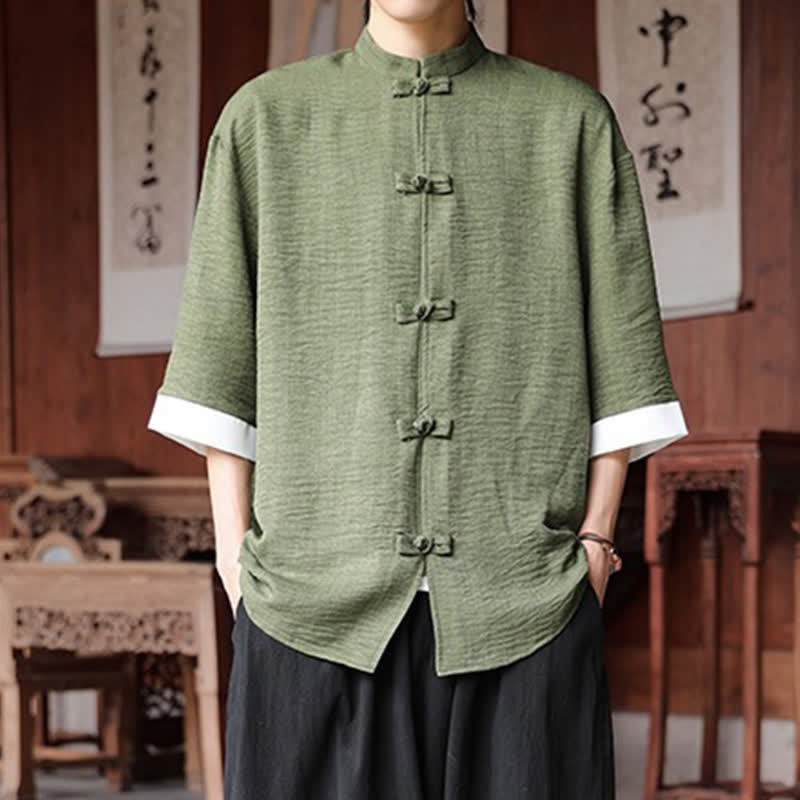 Buddha Stones Camisas de manga hasta el codo para hombre, estilo Summer Tang, con cuello mandarín y botones de rana. - Verde oliva - US/UK/AU46, EU56 (5XL) - image 0