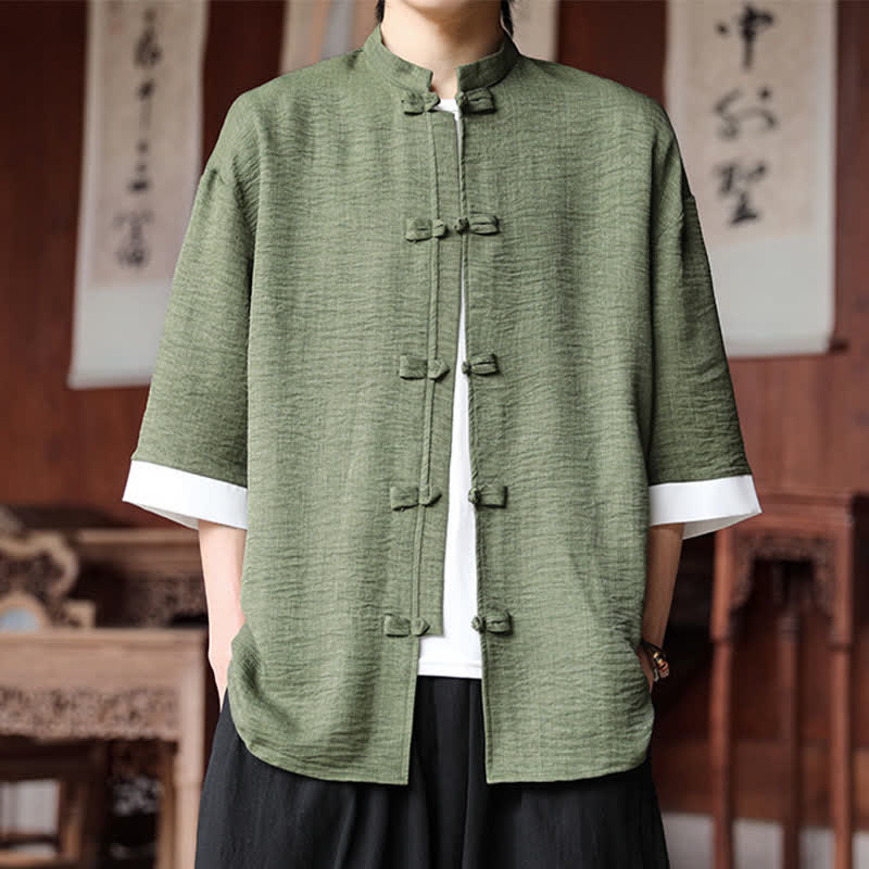 Buddha Stones Camisas de manga hasta el codo para hombre, estilo Summer Tang, con cuello mandarín y botones de rana. - image 1