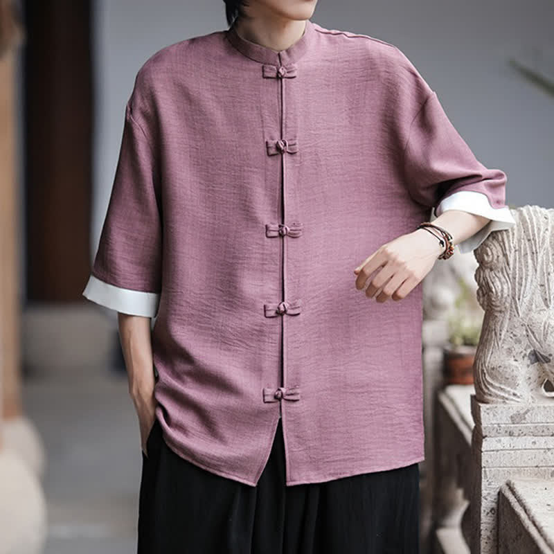 Buddha Stones Camisas de manga hasta el codo para hombre, estilo Summer Tang, con cuello mandarín y botones de rana. - image 18