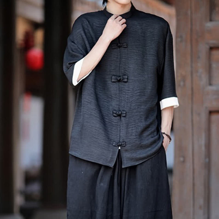 Buddha Stones Camisas de manga hasta el codo para hombre, estilo Summer Tang, con cuello mandarín y botones de rana. - image 13