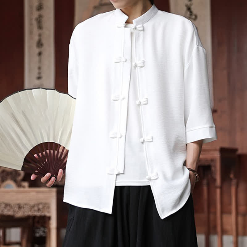 Buddha Stones Camisas de manga hasta el codo para hombre, estilo Summer Tang, con cuello mandarín y botones de rana. - image 8