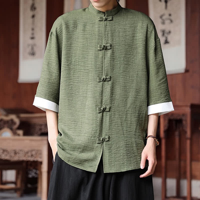Buddha Stones Camisas de manga hasta el codo para hombre, estilo Summer Tang, con cuello mandarín y botones de rana. - image 3