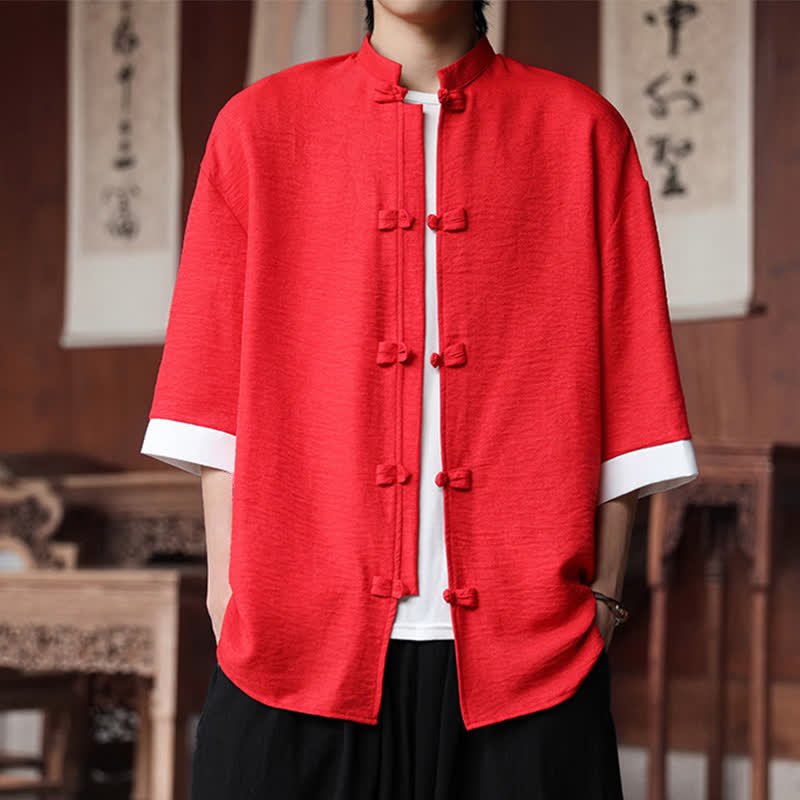 Buddha Stones Camisas de manga hasta el codo para hombre, estilo Summer Tang, con cuello mandarín y botones de rana. - Carmesí - US/UK/AU46, EU56 (5XL) - image 22