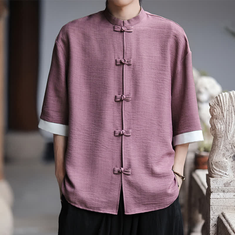 Buddha Stones Camisas de manga hasta el codo para hombre, estilo Summer Tang, con cuello mandarín y botones de rana. - Ciruela - US/UK/AU46, EU56 (5XL) - image 15