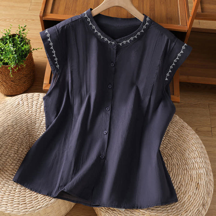 Buddha Stones Camisas sin mangas de verano para mujer, de color liso y cuello redondo, con botones. - Azul medianoche - US8-10，UK/AU12-14，EU40-42 (2XL) - image 6