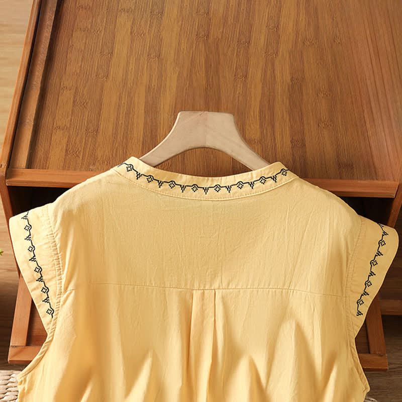 Buddha Stones Camisas sin mangas de verano para mujer, de color liso y cuello redondo, con botones. - image 2