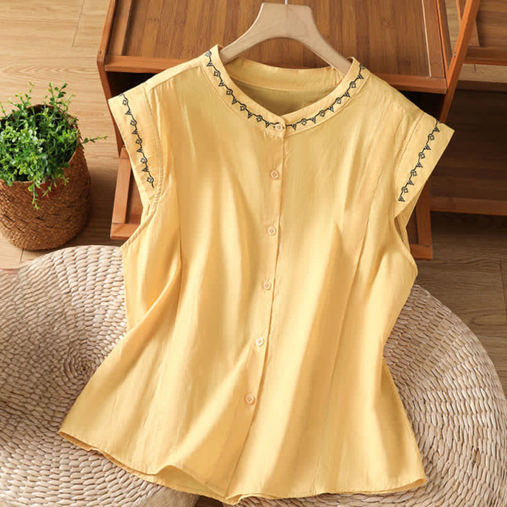 Buddha Stones Camisas sin mangas de verano para mujer, de color liso y cuello redondo, con botones. - Caqui - US8-10，UK/AU12-14，EU40-42 (2XL) - image 0