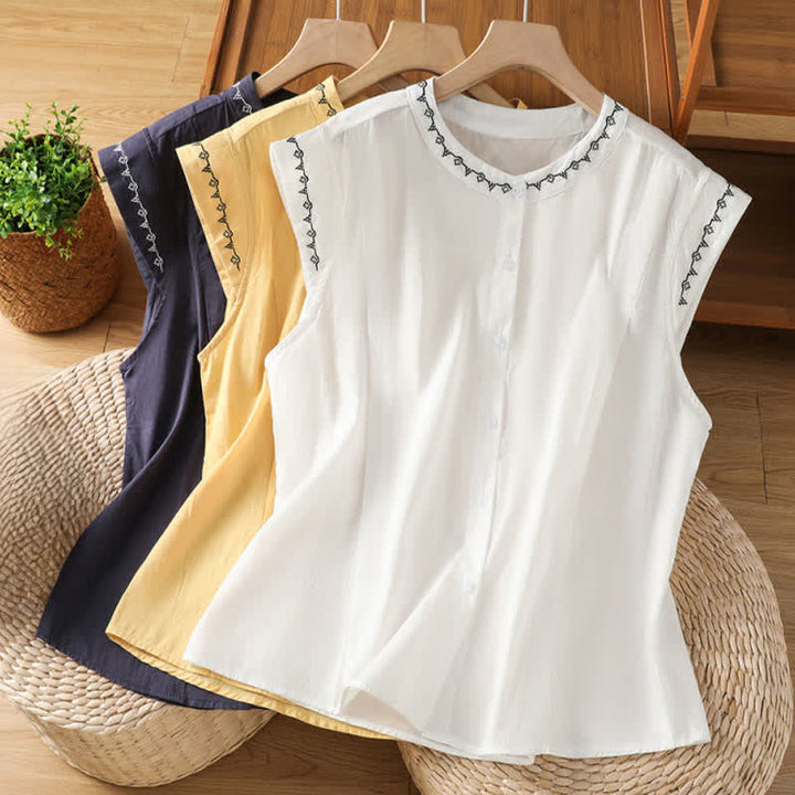Buddha Stones Camisas sin mangas de verano para mujer, de color liso y cuello redondo, con botones. - image 19