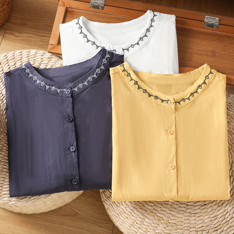 Buddha Stones Camisas sin mangas de verano para mujer, de color liso y cuello redondo, con botones. - image 20