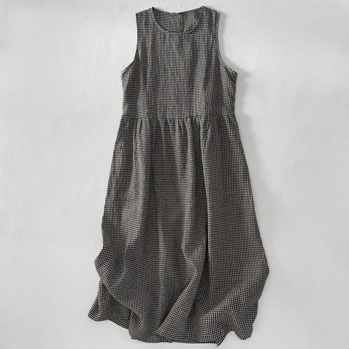 Buddha Stones Vestido de verano informal de algodón a cuadros sin mangas con bolsillos para mujer. - image 10