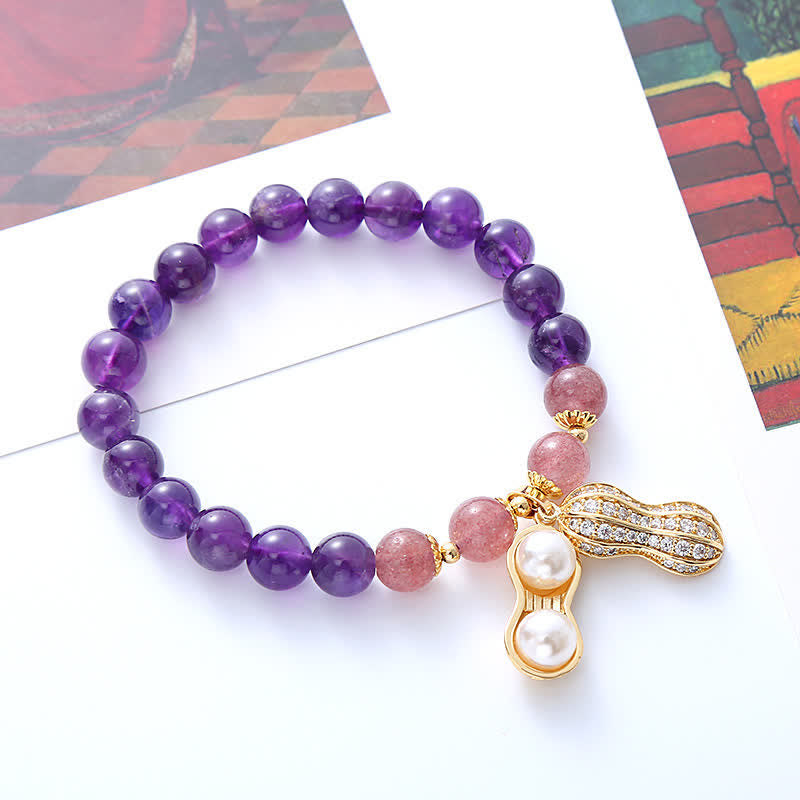 Buddha Stones Pulsera de amatista natural, cuarzo fresa y cacahuete con mensaje positivo: "Las cosas buenas suceden". - Amatista (circunferencia de la muñeca: 15-16 cm) - image 0