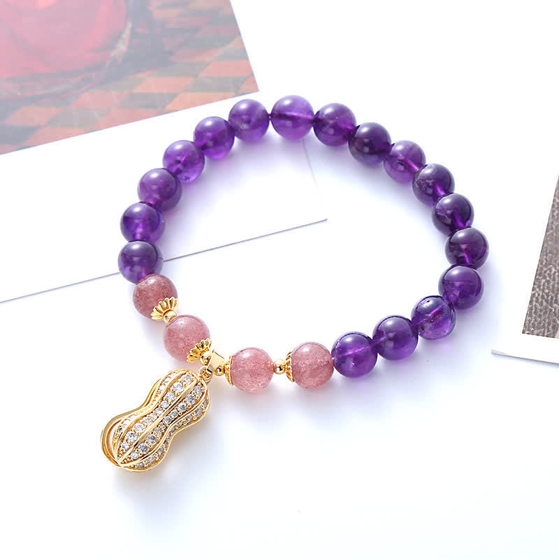 Buddha Stones Pulsera de amatista natural, cuarzo fresa y cacahuete con mensaje positivo: "Las cosas buenas suceden". - image 1