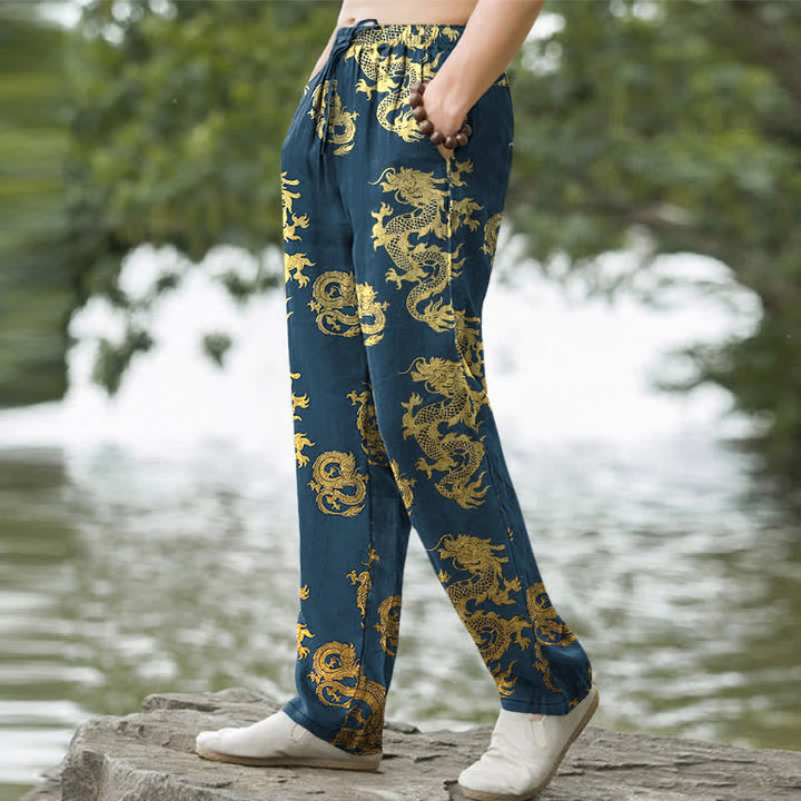 Buddha Stones Pantalones de hombre de algodón con estampado de dragón dorado, corte ajustado y bolsillos. - image 5
