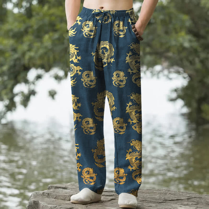 Buddha Stones Pantalones de hombre de algodón con estampado de dragón dorado, corte ajustado y bolsillos. - Azul acero - US/UK/AU50, EU60 (5XL) - image 4