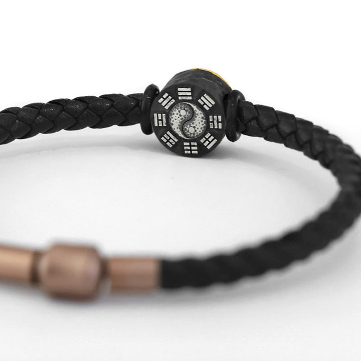 Buddha Stones Pulsera de cuero con símbolo Bagua Yin Yang de plata de ley 925 y oro 999. - image 4