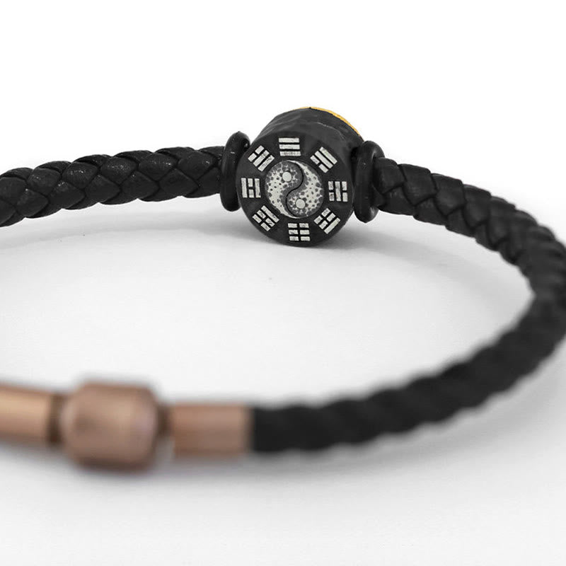 Buddha Stones Pulsera de cuero con símbolo Bagua Yin Yang de plata de ley 925 y oro 999. - image 4