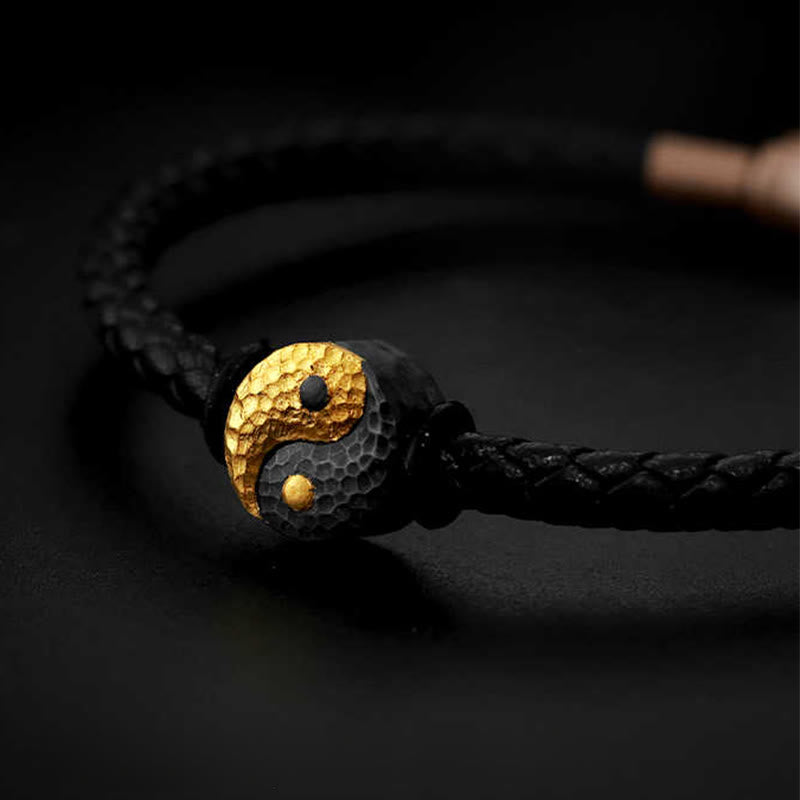 Buddha Stones Pulsera de cuero con símbolo Bagua Yin Yang de plata de ley 925 y oro 999. - image 1
