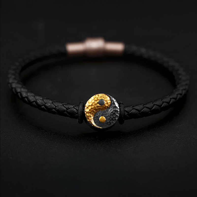 Buddha Stones Pulsera de cuero con símbolo Bagua Yin Yang de plata de ley 925 y oro 999. - 20 cm - image 0