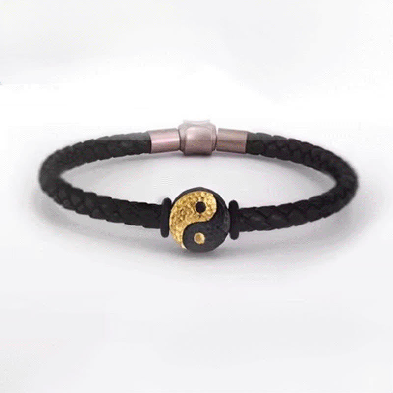 Buddha Stones Pulsera de cuero con símbolo Bagua Yin Yang de plata de ley 925 y oro 999. - image 12
