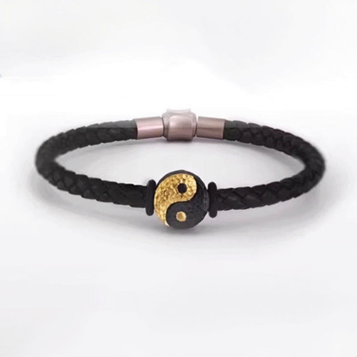 Buddha Stones Pulsera de cuero con símbolo Bagua Yin Yang de plata de ley 925 y oro 999. - image 12