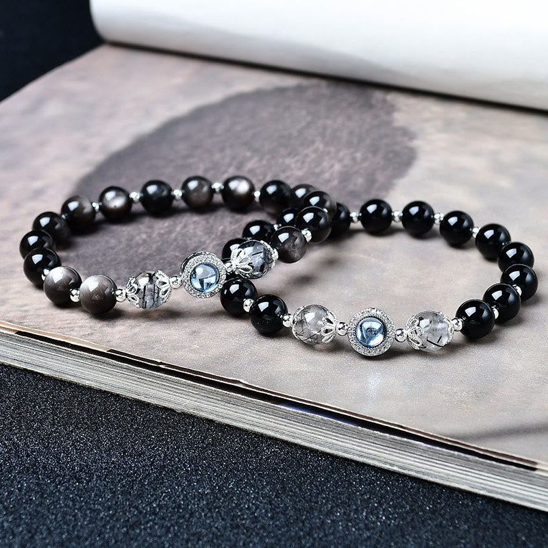 Buddha Stones Pulsera purificadora de obsidiana negra con brillo plateado y circonitas. - image 6