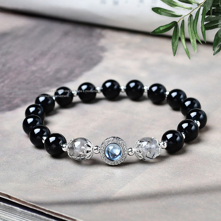Buddha Stones Pulsera purificadora de obsidiana negra con brillo plateado y circonitas. - Obsidiana negra - 8 mm (circunferencia de la muñeca: 15-16 cm) - image 0