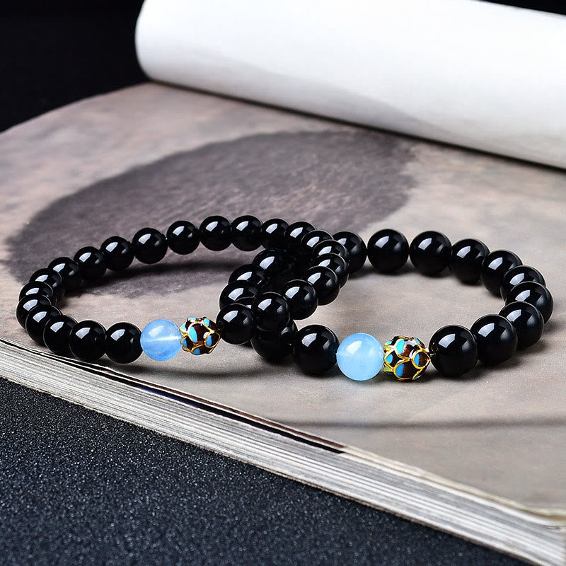 Buddha Stones Pulsera de purificación de loto con obsidiana negra natural - image 3