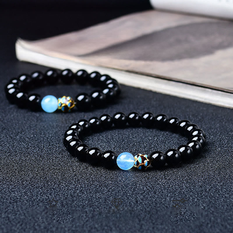Buddha Stones Pulsera de purificación de loto con obsidiana negra natural - image 0