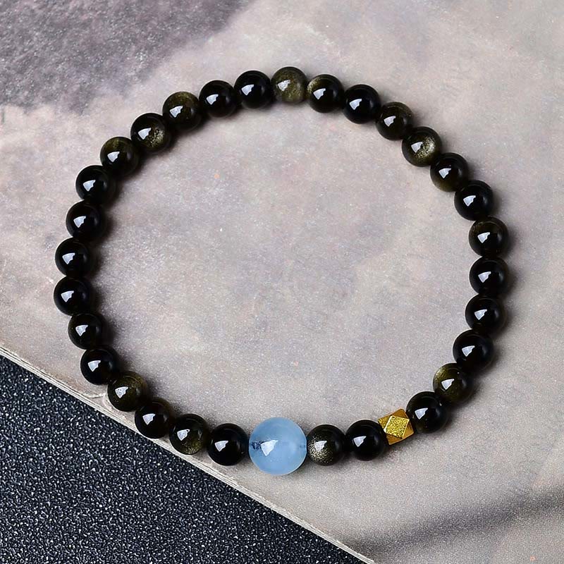 Buddha Stones Pulsera protectora de cuentas de obsidiana con brillo dorado natural - Obsidiana con brillo dorado - 10 mm (circunferencia de la muñeca: 16-17 cm) - image 1