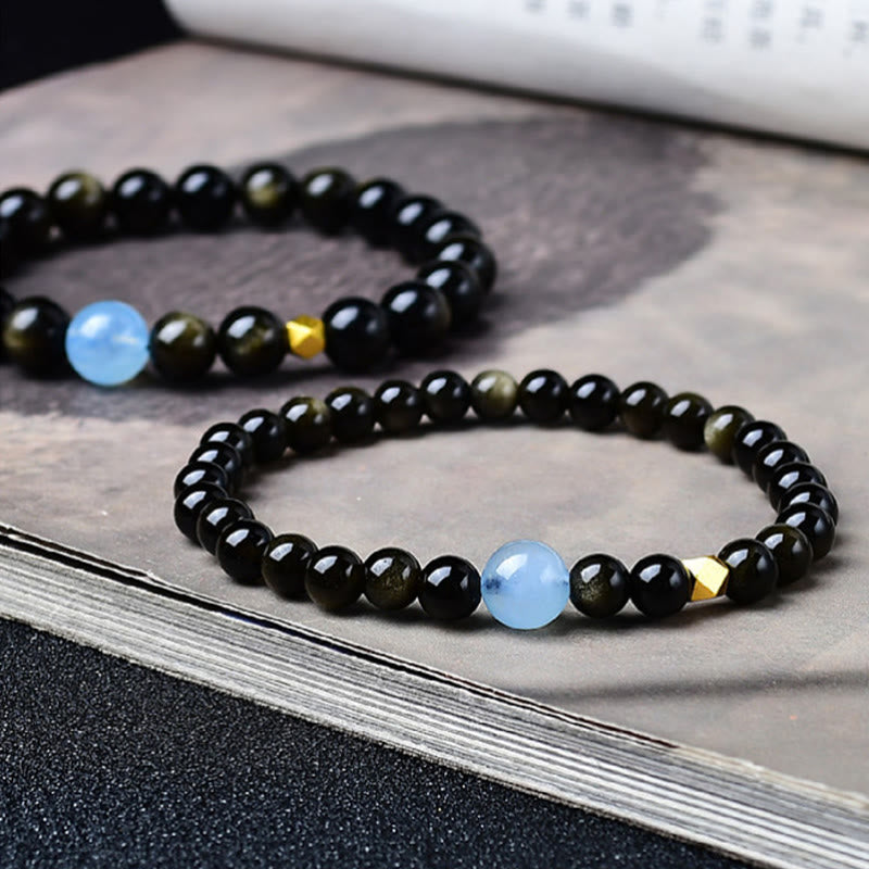 Buddha Stones Pulsera protectora de cuentas de obsidiana con brillo dorado natural - image 0
