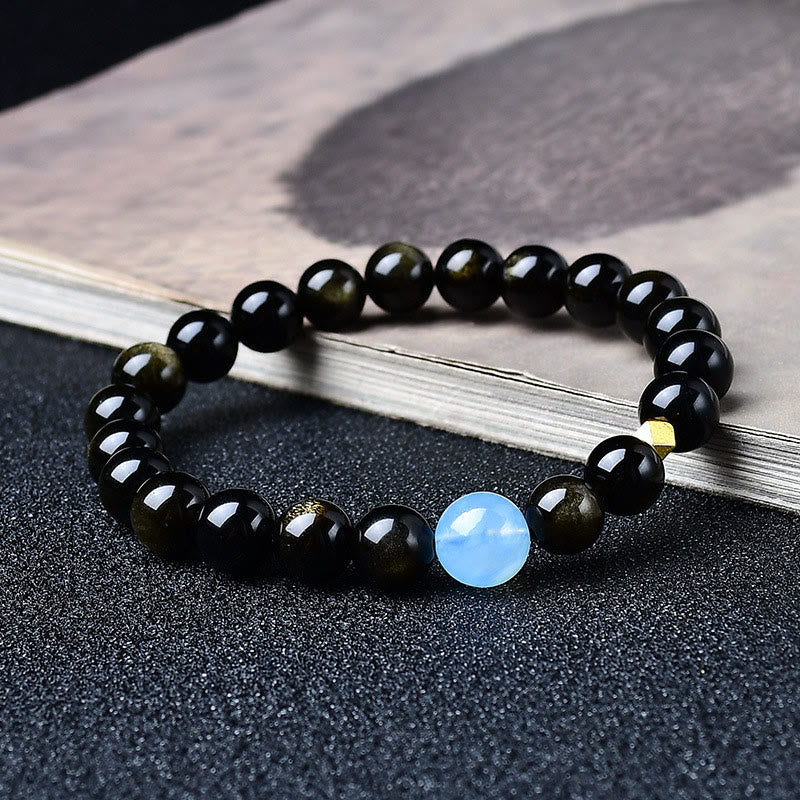 Buddha Stones Pulsera protectora de cuentas de obsidiana con brillo dorado natural - image 2