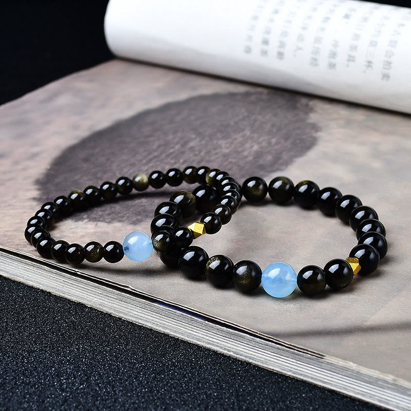 Buddha Stones Pulsera protectora de cuentas de obsidiana con brillo dorado natural - image 3