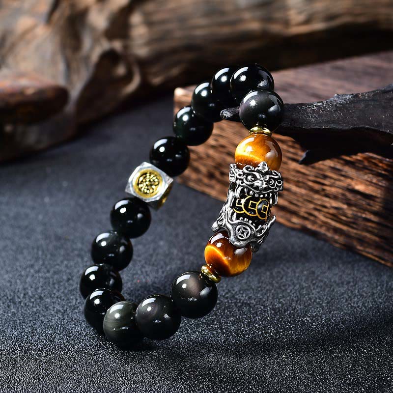 Buddha Stones Pulsera de transformación PiXiu de ojo de tigre con obsidiana negra natural - 14 mm (circunferencia de la muñeca: 18-19 cm) - image 0