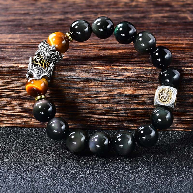 Buddha Stones Pulsera de transformación PiXiu de ojo de tigre con obsidiana negra natural - image 1