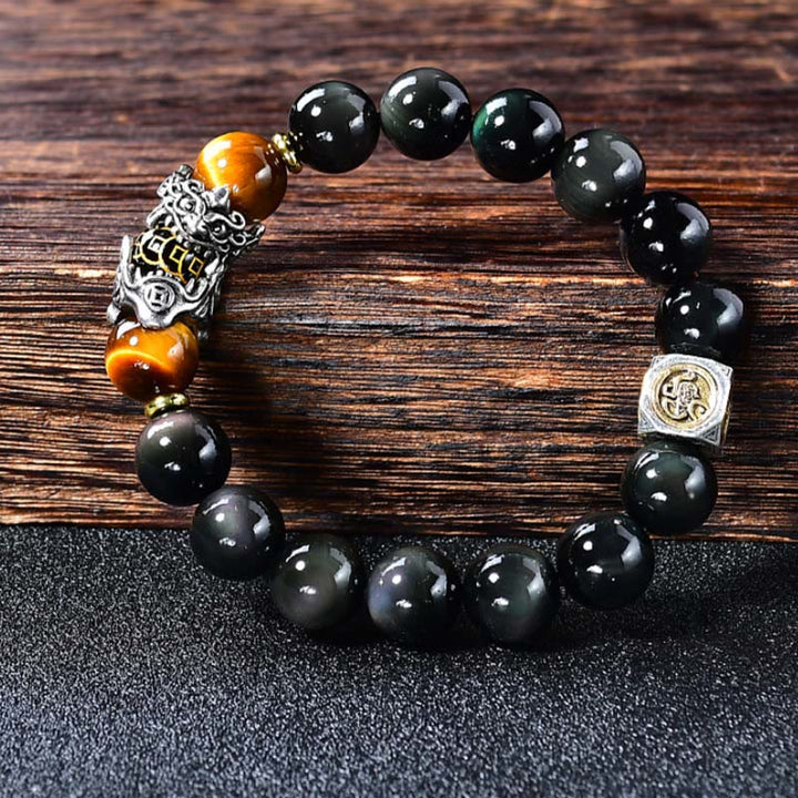 Buddha Stones Pulsera de transformación PiXiu de ojo de tigre con obsidiana negra natural - image 1