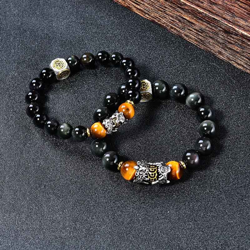Buddha Stones Pulsera de transformación PiXiu de ojo de tigre con obsidiana negra natural - image 2